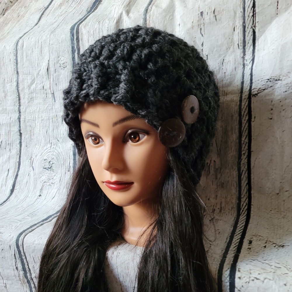 Women's Crochet Gray Wool winter hat - Picture 3 of 14